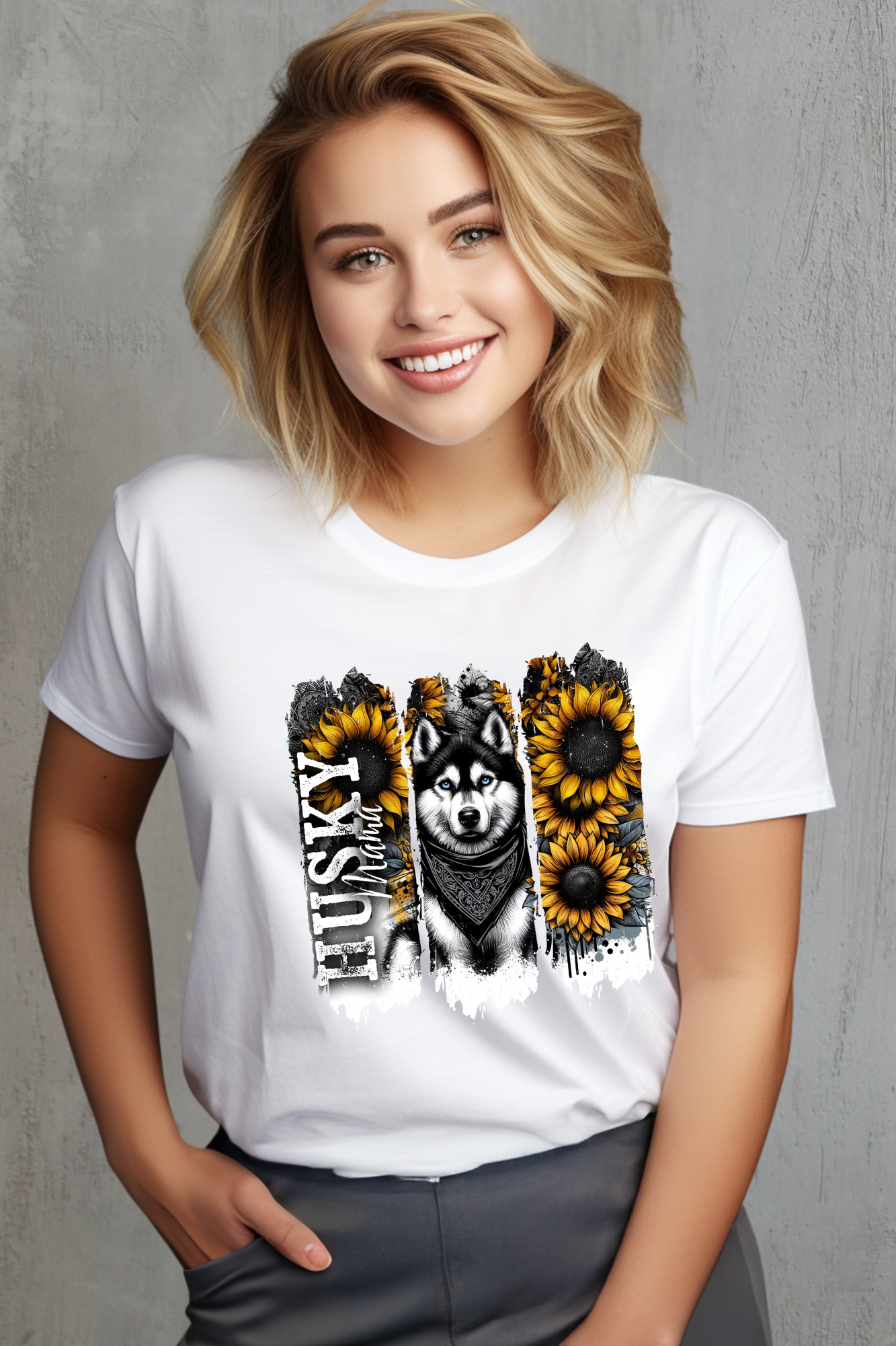 Person wearing a white t-shirt with a graphic design of a husky dog and sunflowers on a gray background