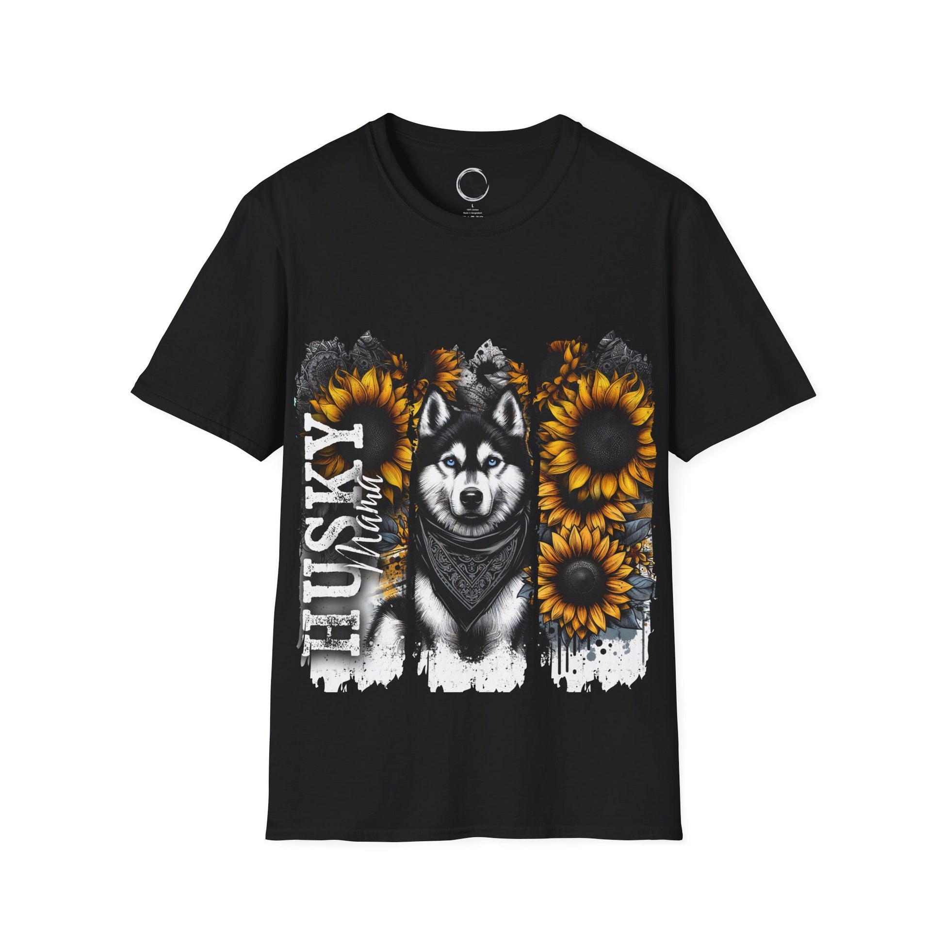 Black t-shirt with a husky and sunflower design on a white background