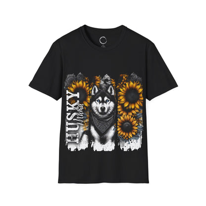 Black t-shirt with a husky and sunflower design on a white background