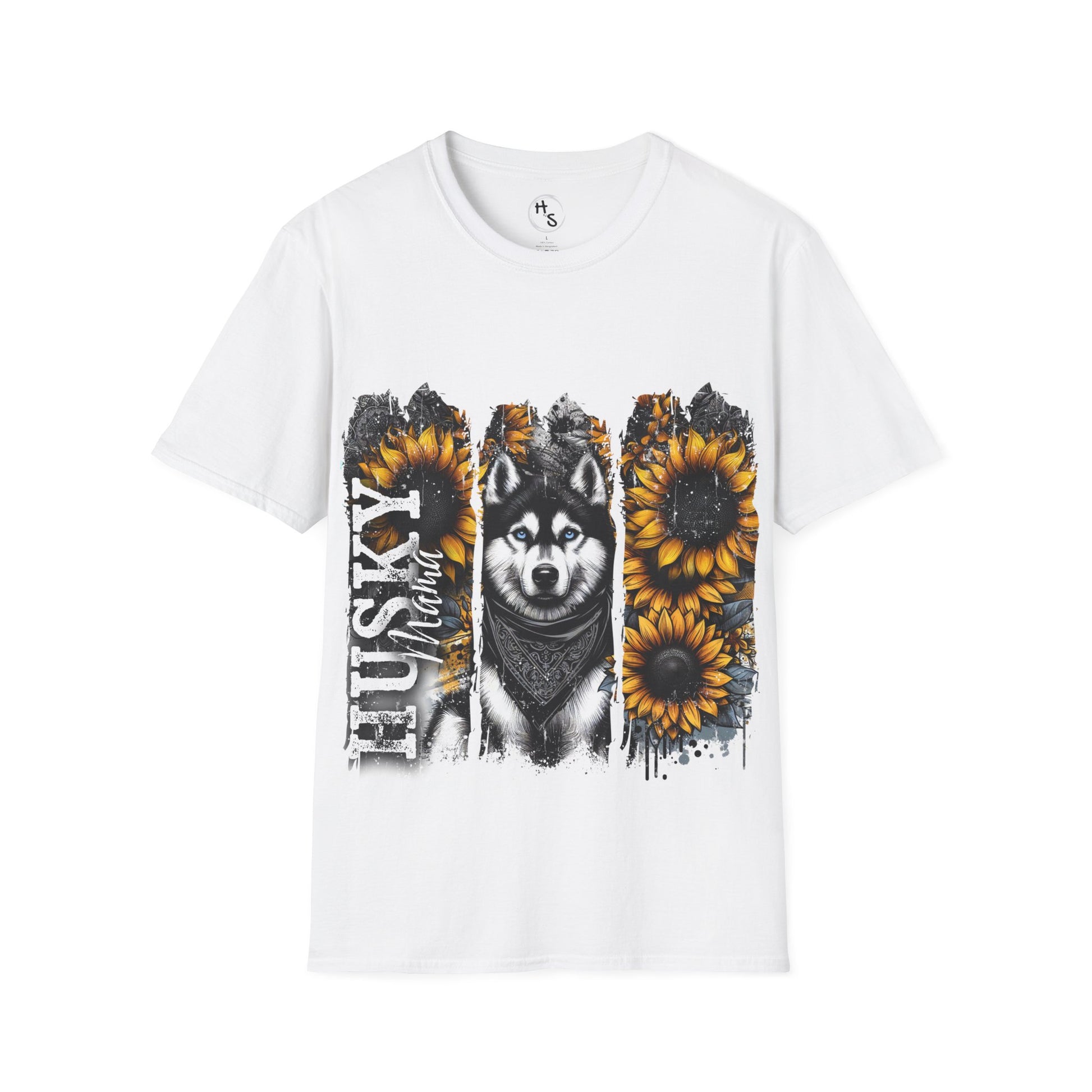 White t-shirt with a graphic of a husky and sunflowers on a white background