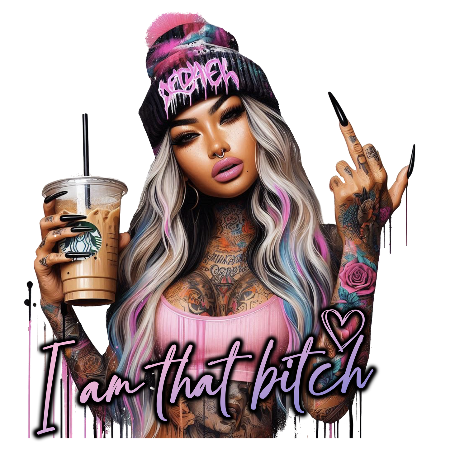 Person with tattoos and colorful hair holding a Starbucks drink, with text 'I am that bitch' on a white background.
