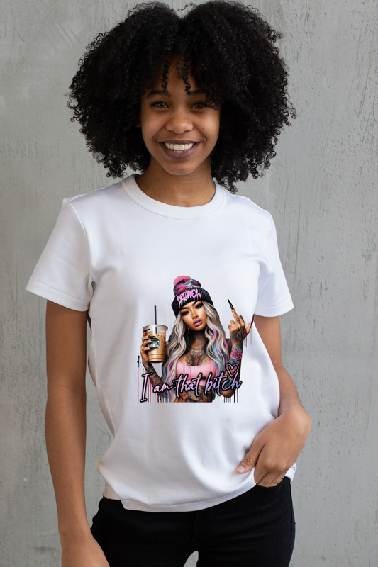 Person wearing a white t-shirt with a graphic design of a woman with tattoos and a drink.