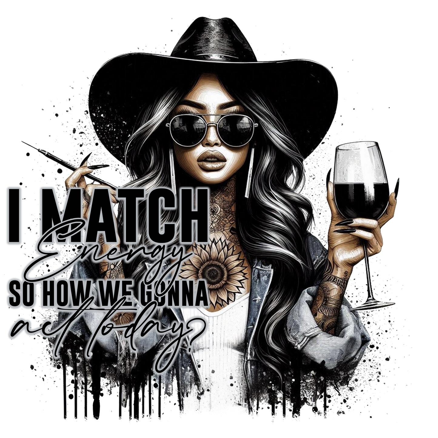 Illustration of a stylish woman with tattoos, sunglasses, and a glass of wine, with text overlay.