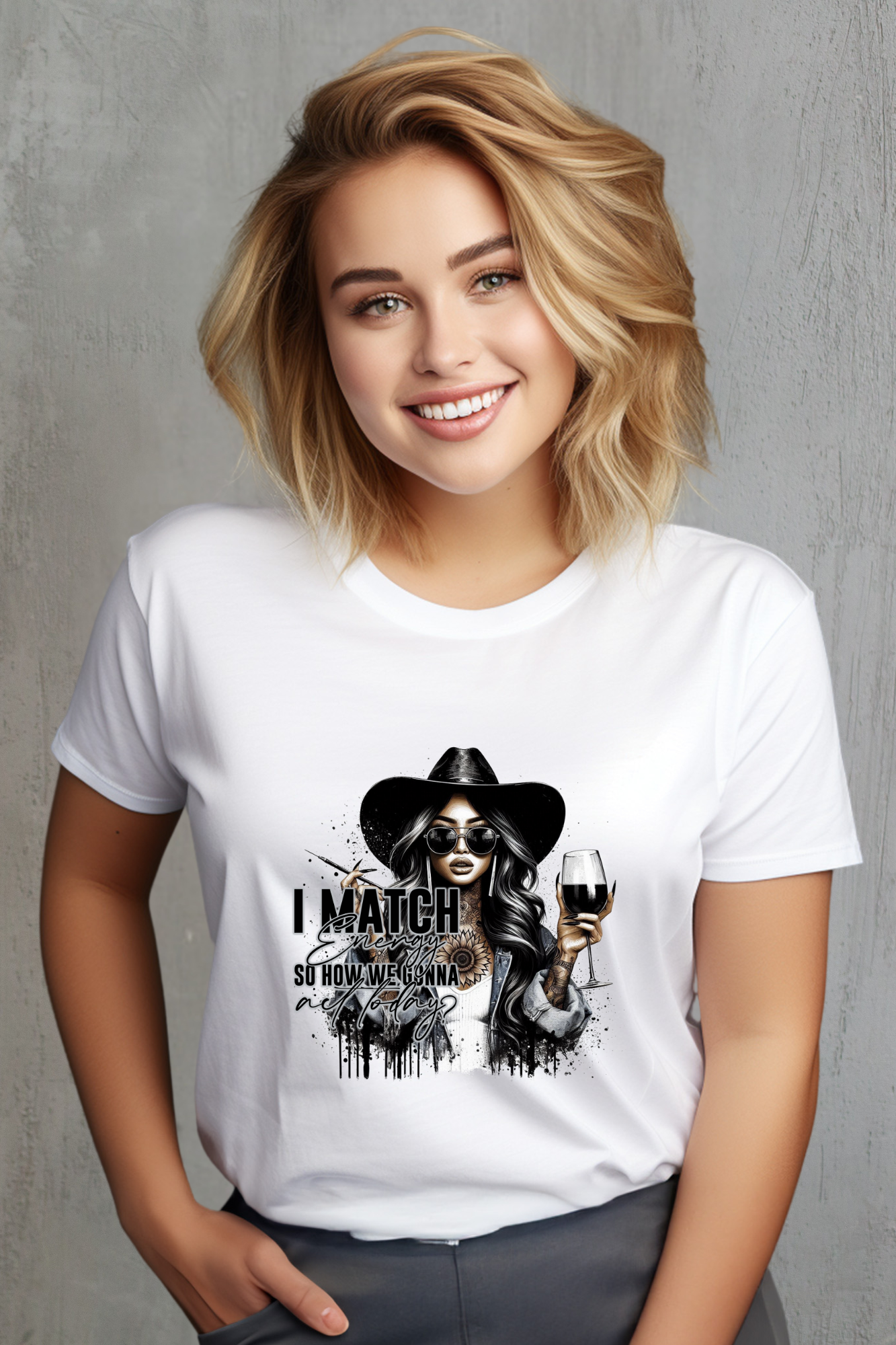 Woman wearing a white t-shirt with a graphic design on a gray background