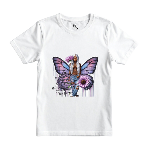 White t-shirt with a colorful butterfly design featuring a person and text on a white background