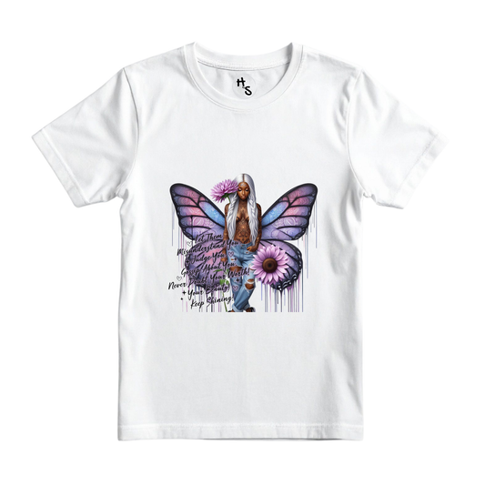 White t-shirt with a colorful butterfly design featuring a person and text on a white background