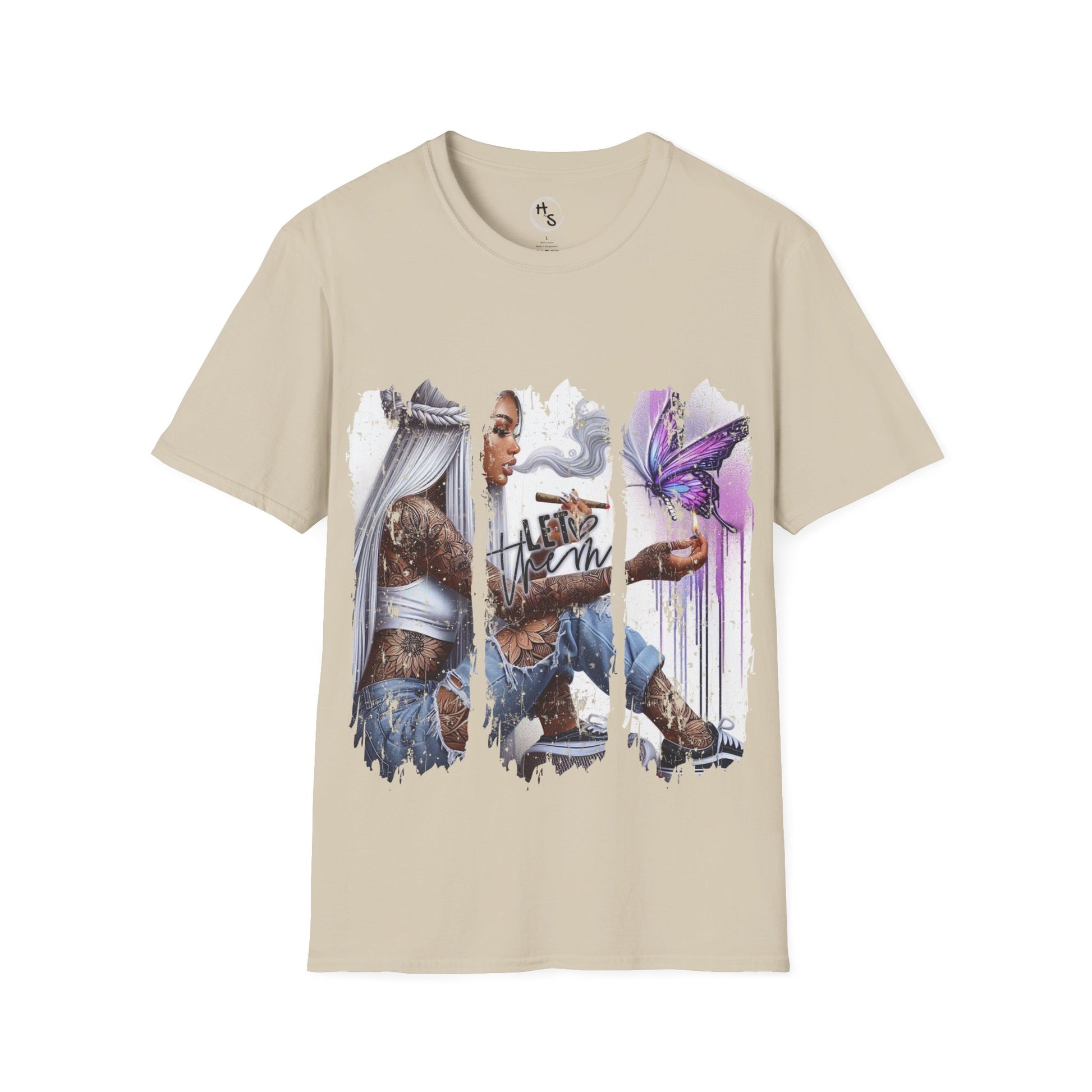 Beige t-shirt with graphic design of a woman holding a butterfly on a white background