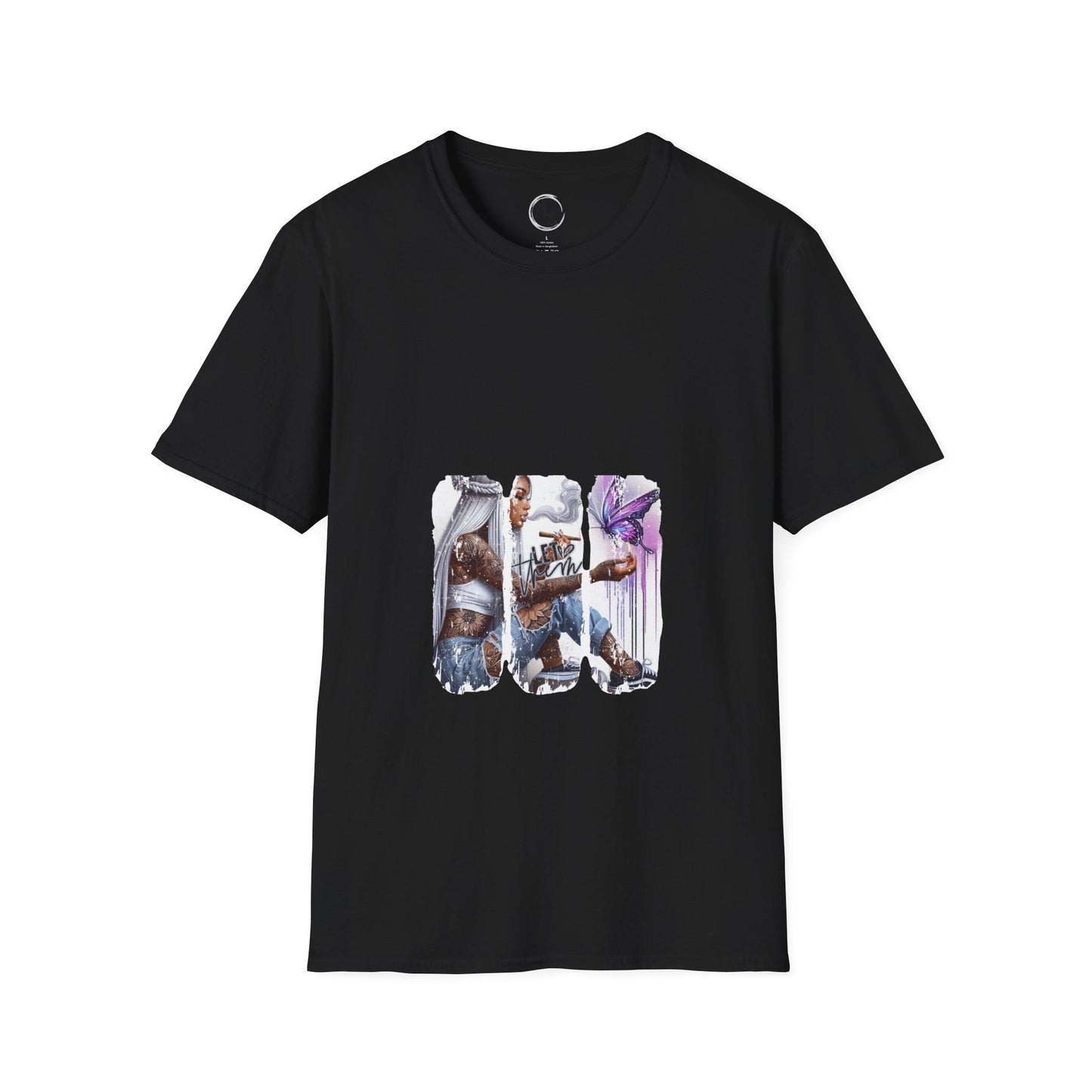 Black t-shirt with graphic design on a white background