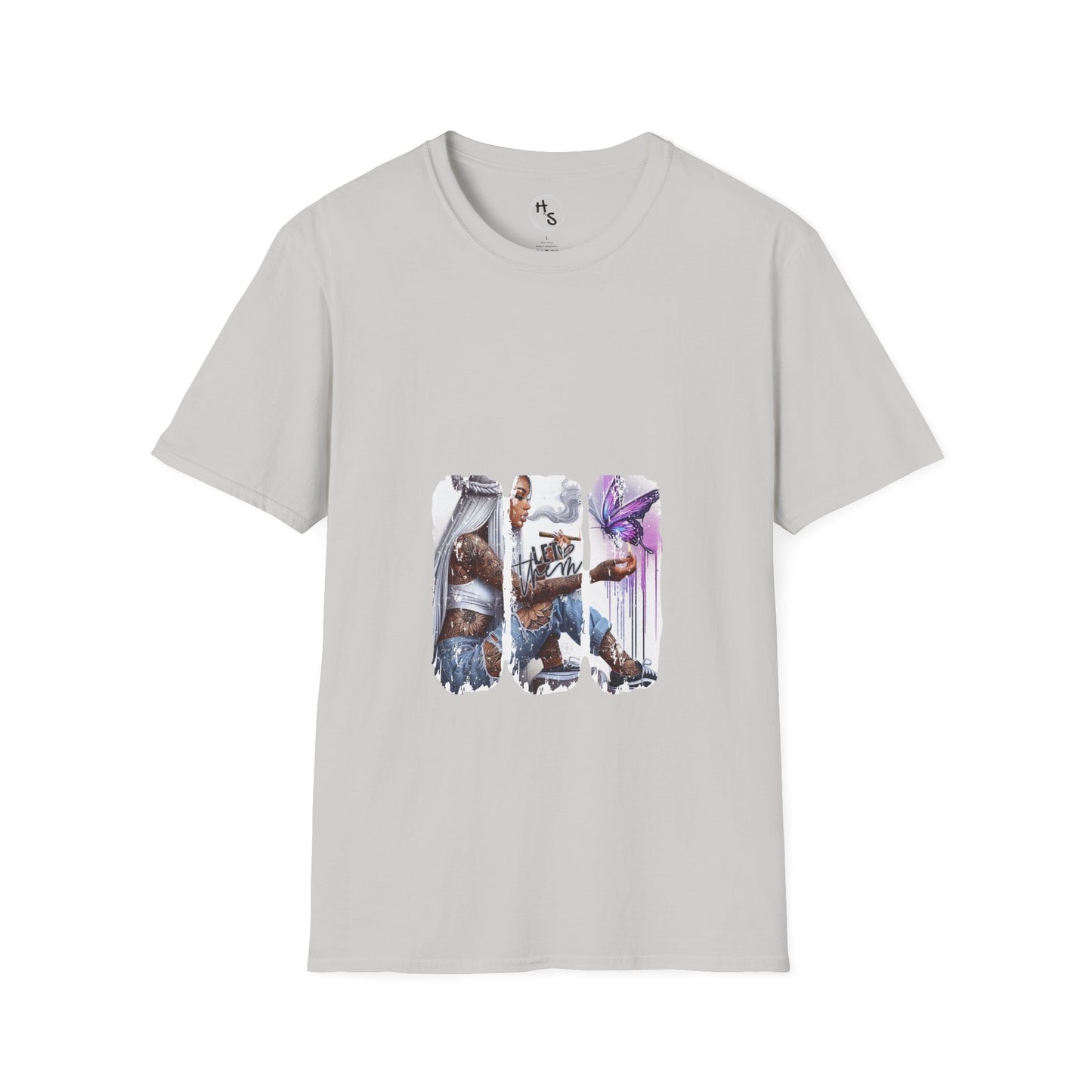 Gray t-shirt with a graphic design of two characters on a white background