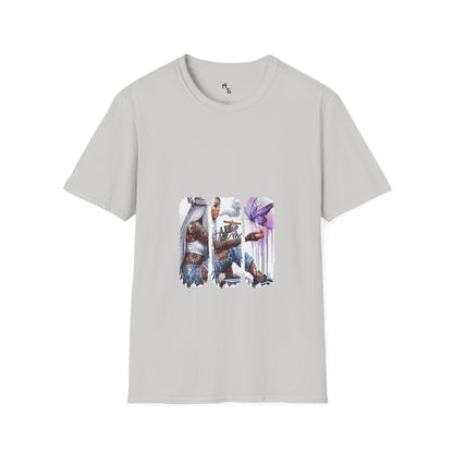 Gray t-shirt with a graphic design of two characters on a white background