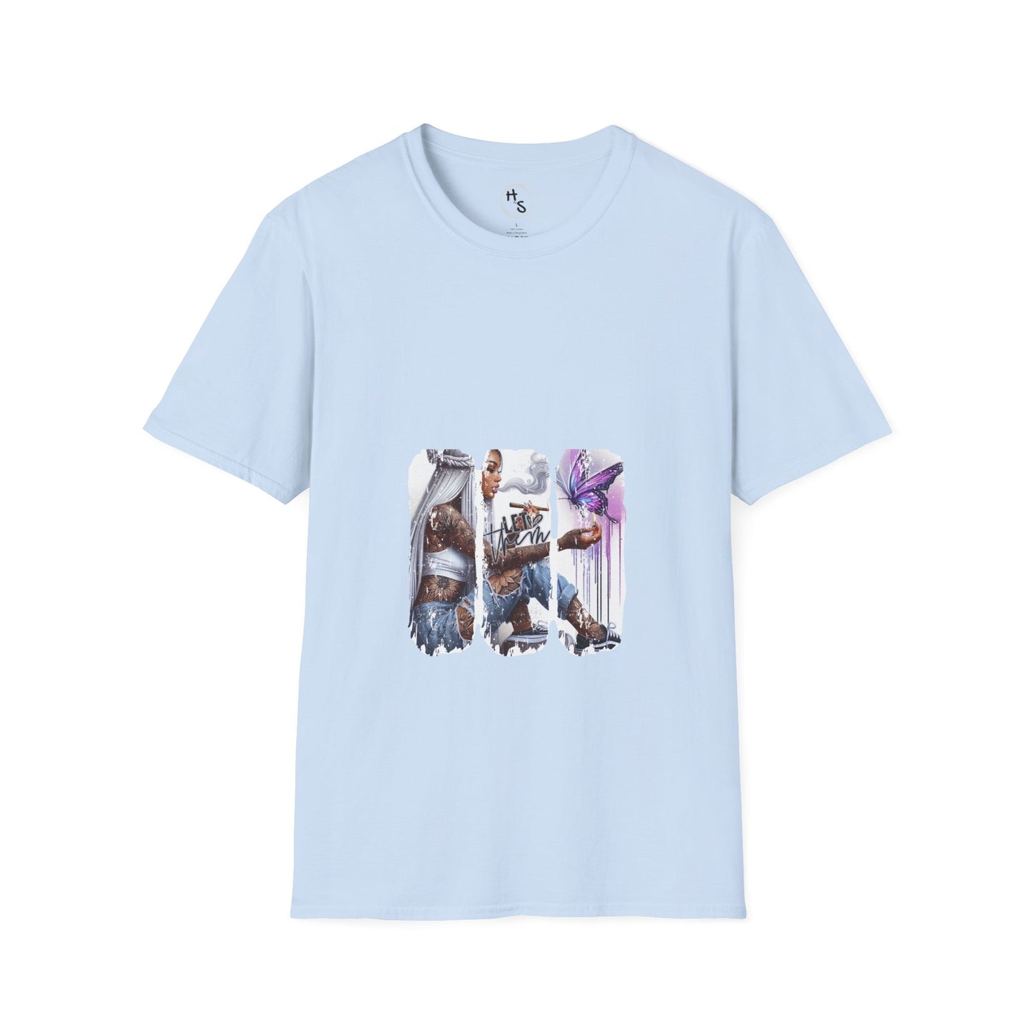 Light blue t-shirt with graphic design on a white background