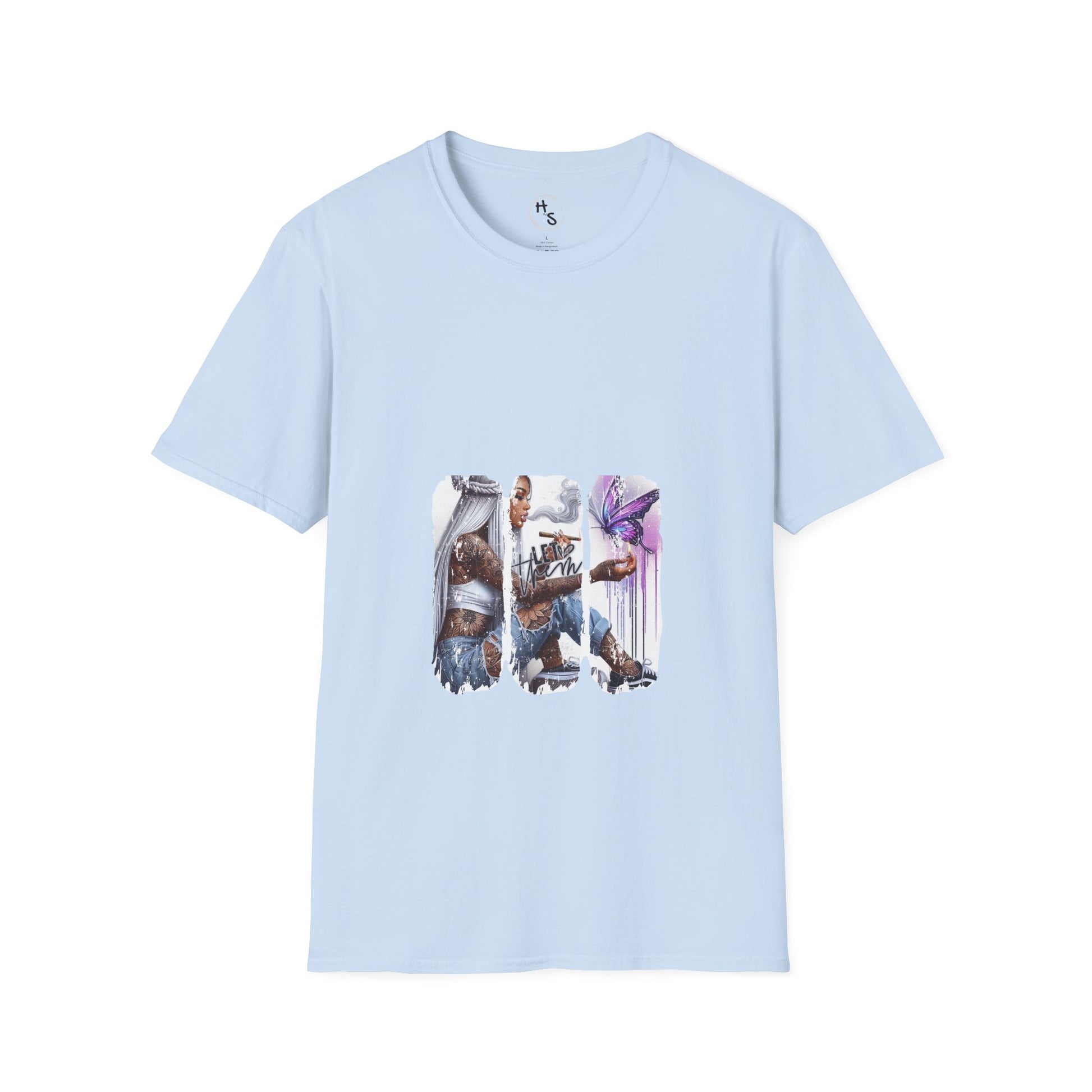Light blue t-shirt with graphic design on a white background