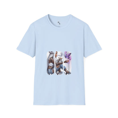 Light blue t-shirt with graphic design on a white background