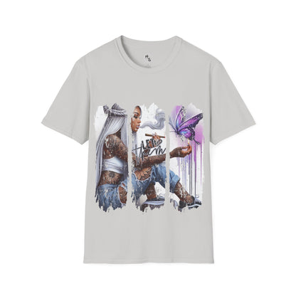 Gray t-shirt with a graphic design of two people and a butterfly on a white background