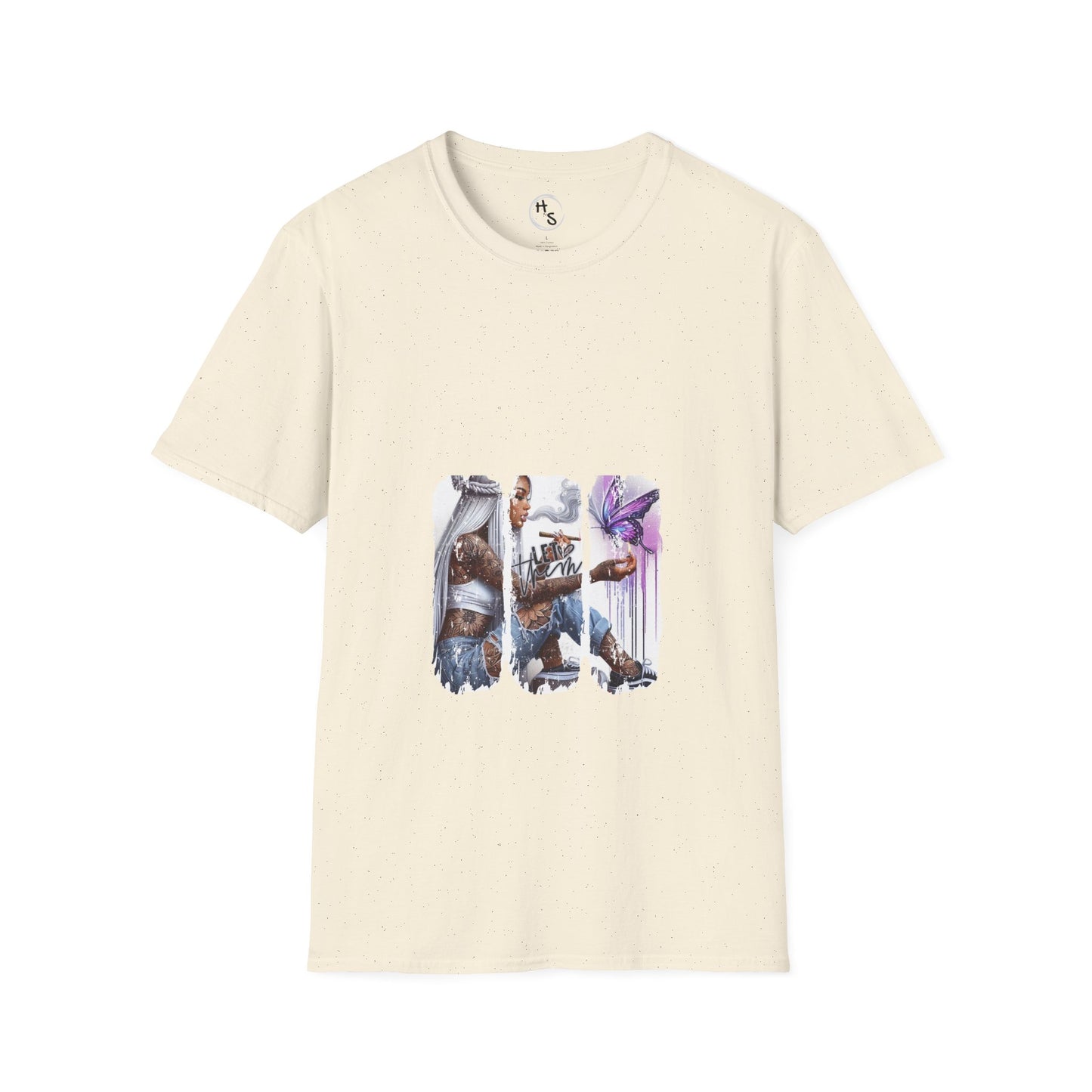 Beige t-shirt with a graphic of a character holding a weapon on a white background