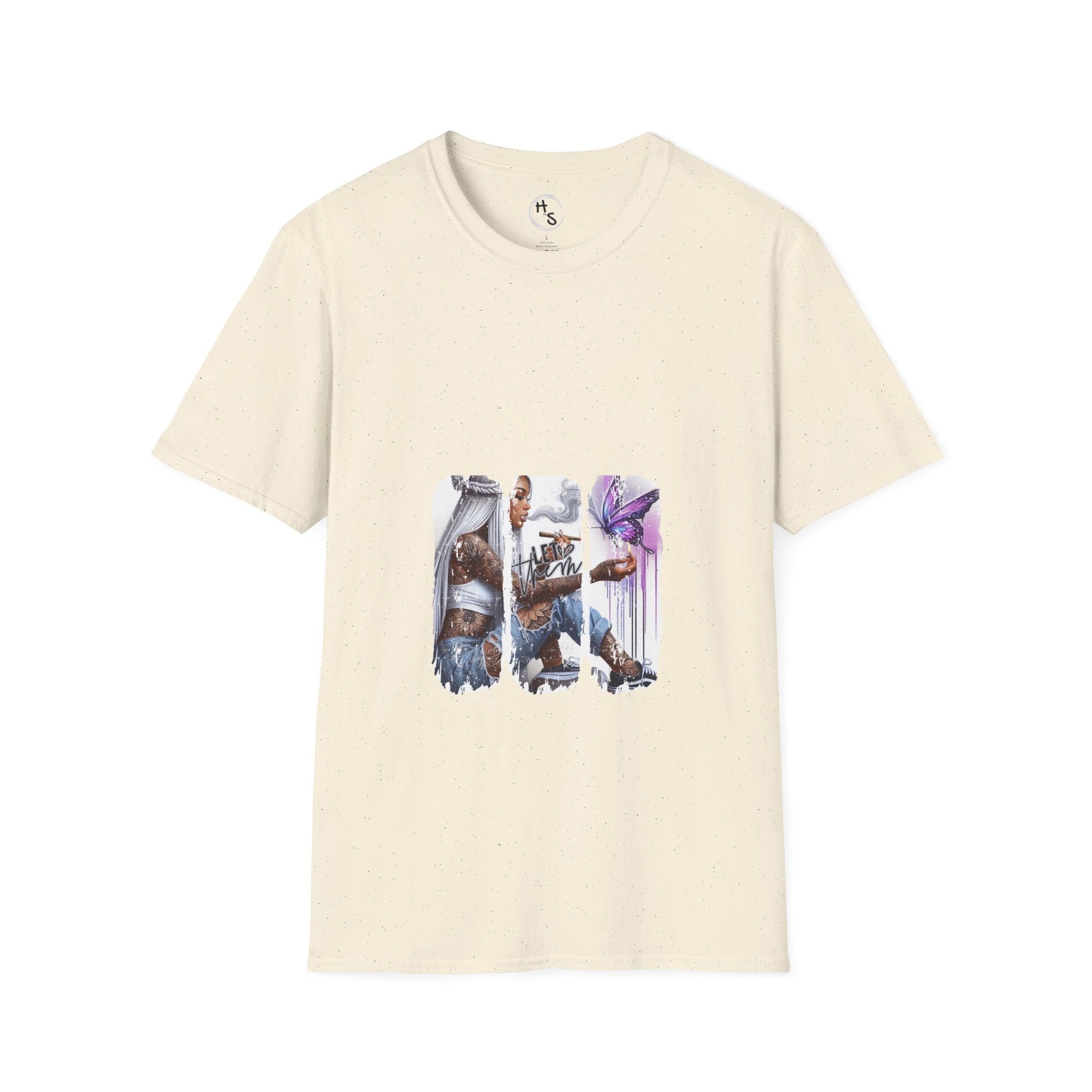Beige t-shirt with a graphic of a character holding a weapon on a white background
