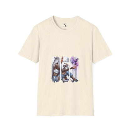 Beige t-shirt with a graphic of a character holding a weapon on a white background