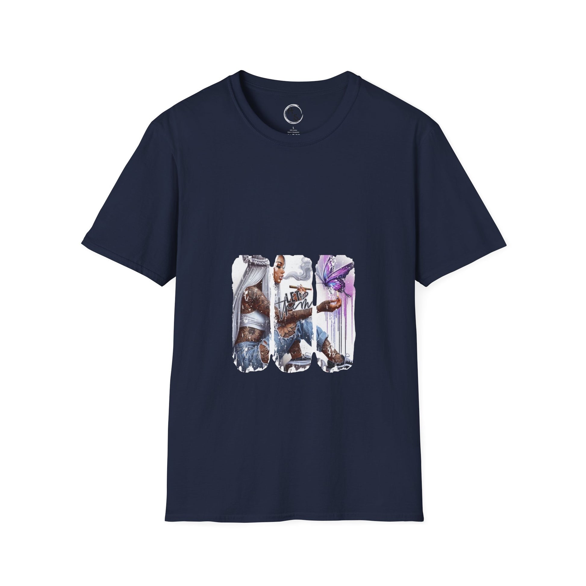 Navy blue t-shirt with graphic design on a white background
