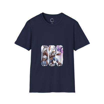 Navy blue t-shirt with graphic design on a white background