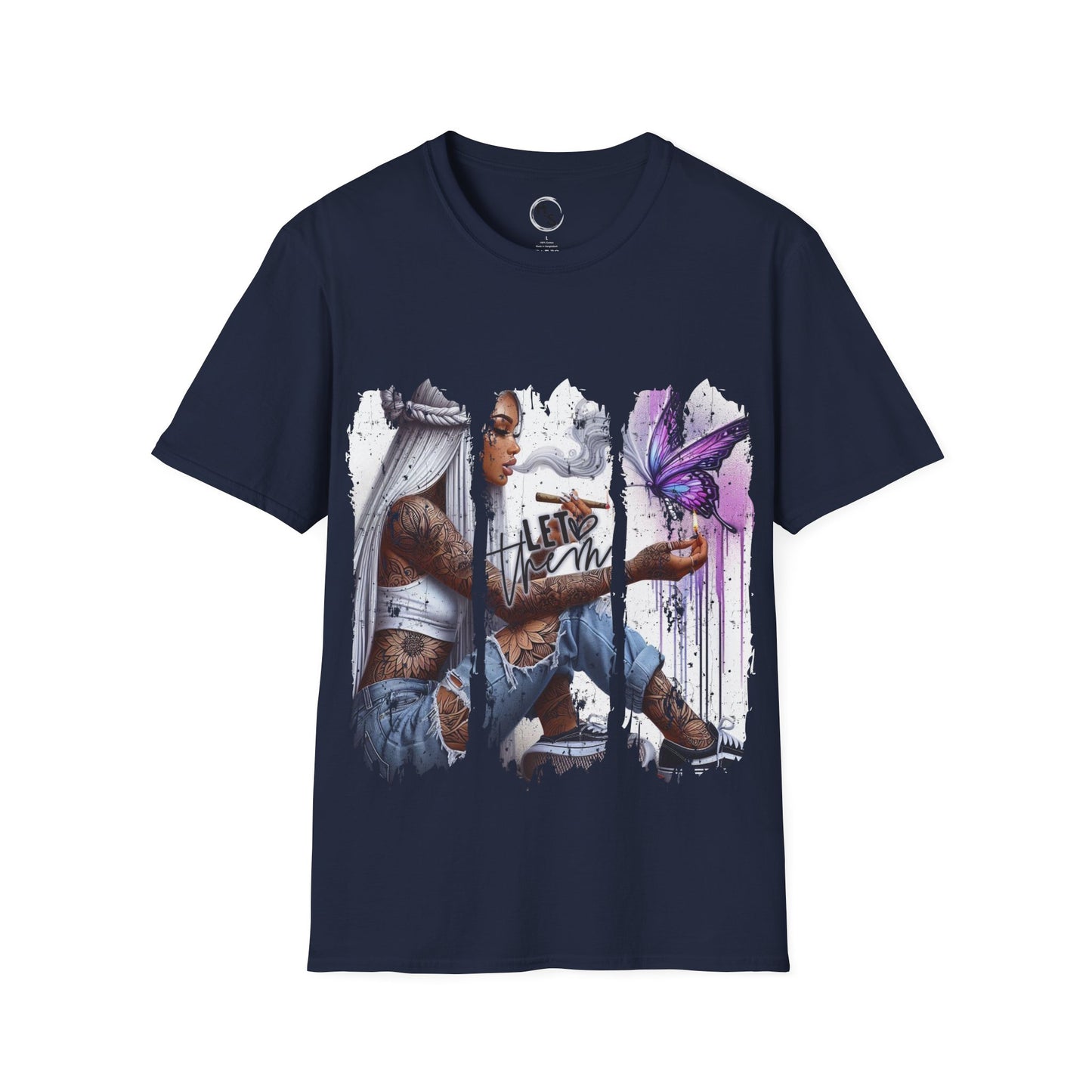 Navy blue t-shirt with a graphic design of a person holding a butterfly on a white background