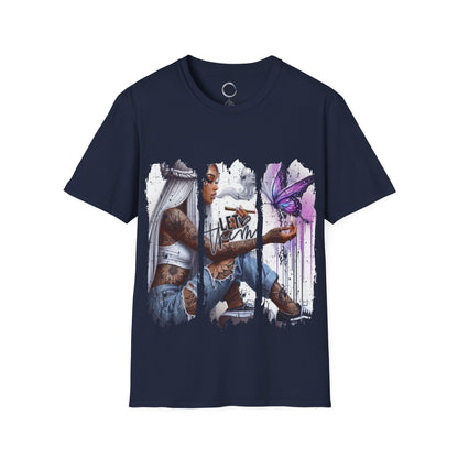 Navy blue t-shirt with a graphic design of a person holding a butterfly on a white background
