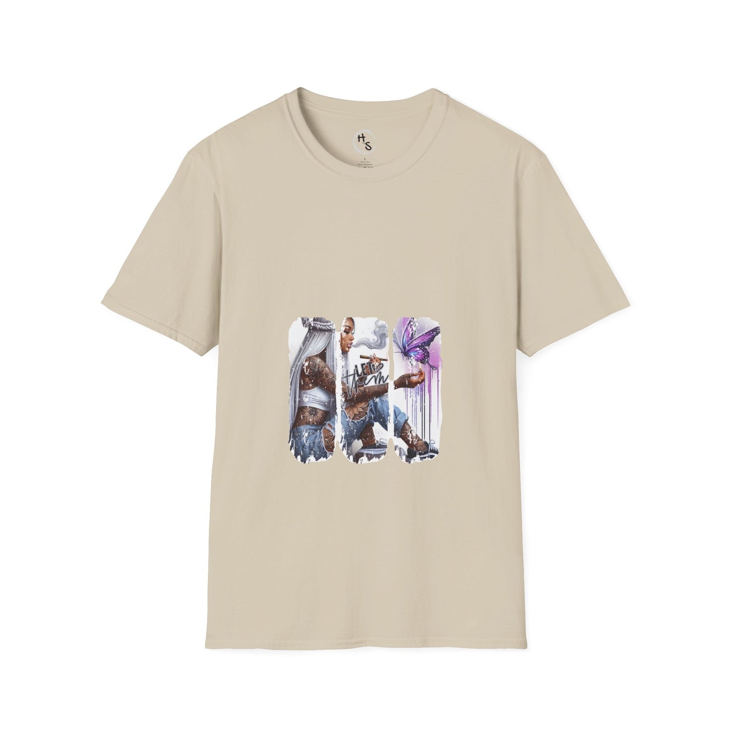 Beige t-shirt with a graphic design of a character holding a weapon on a white background