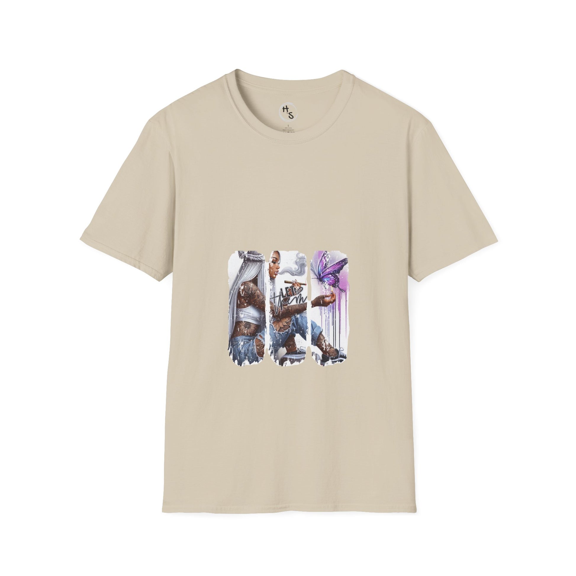 Beige t-shirt with a graphic design of a character holding a weapon on a white background