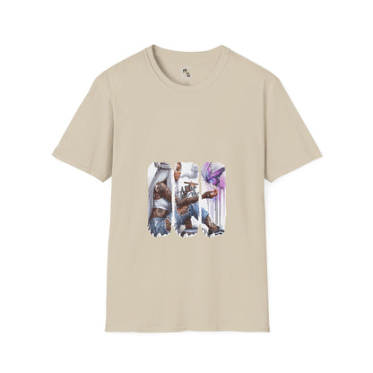 Beige t-shirt with a graphic design of a character holding a weapon on a white background