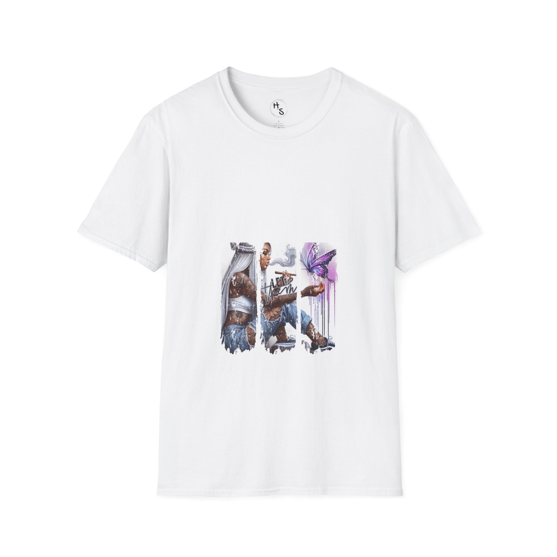 White t-shirt with graphic design of a character and creature on a white background