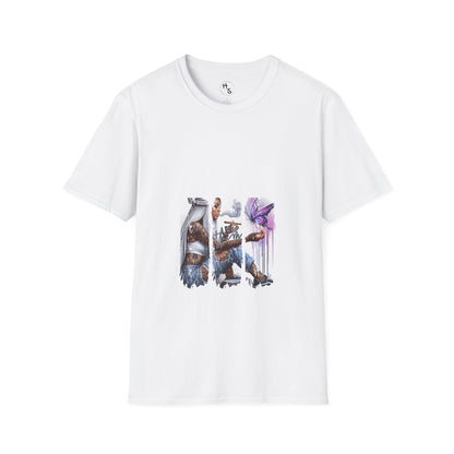 White t-shirt with graphic design of a character and creature on a white background