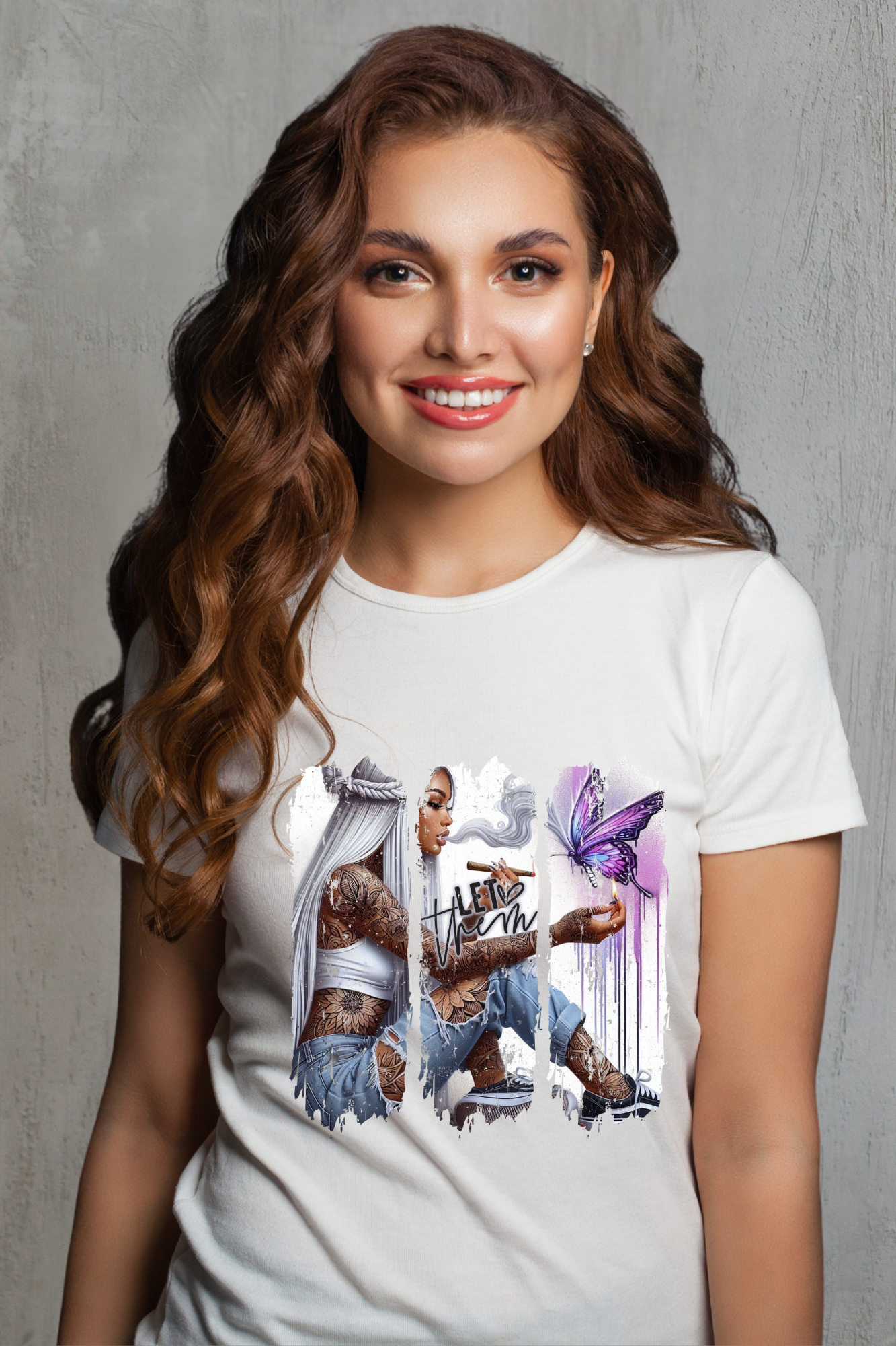 Woman wearing a white t-shirt with graphic design against a gray background