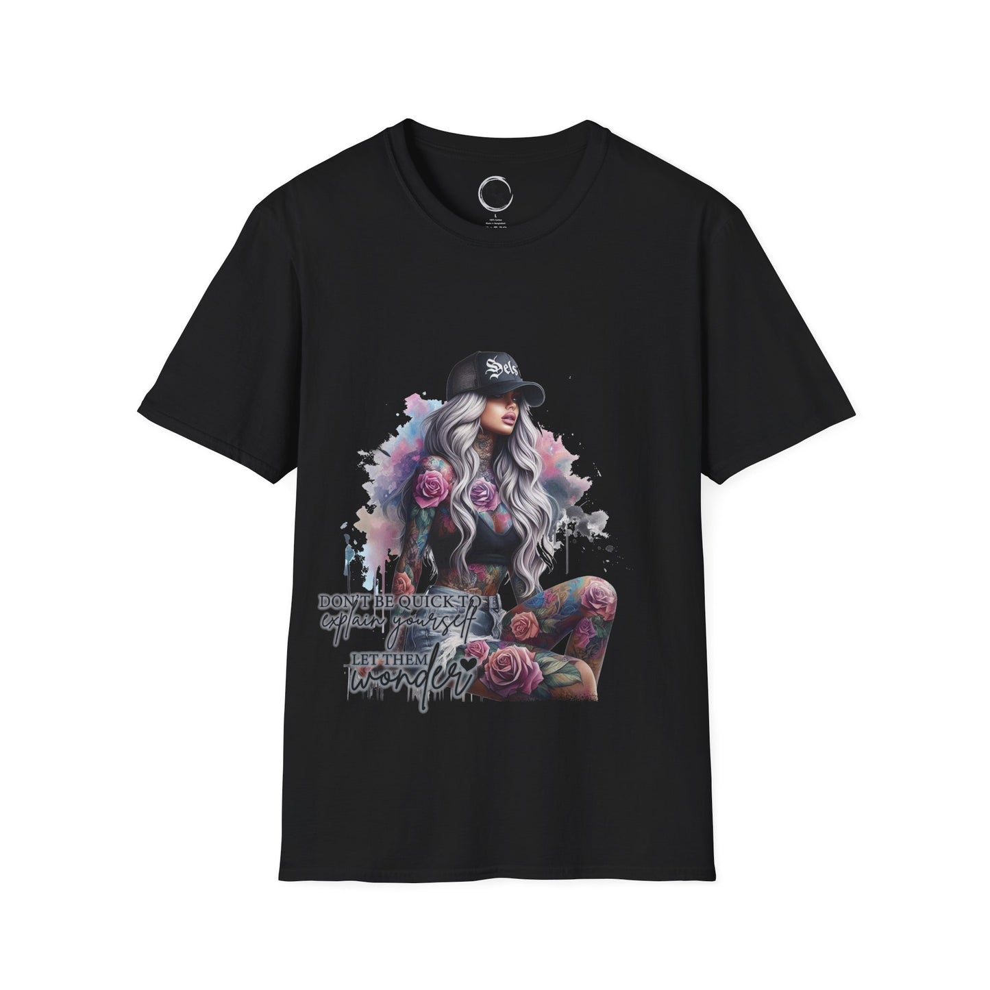 Black t-shirt with a graphic design of a woman with flowers and text on a white background