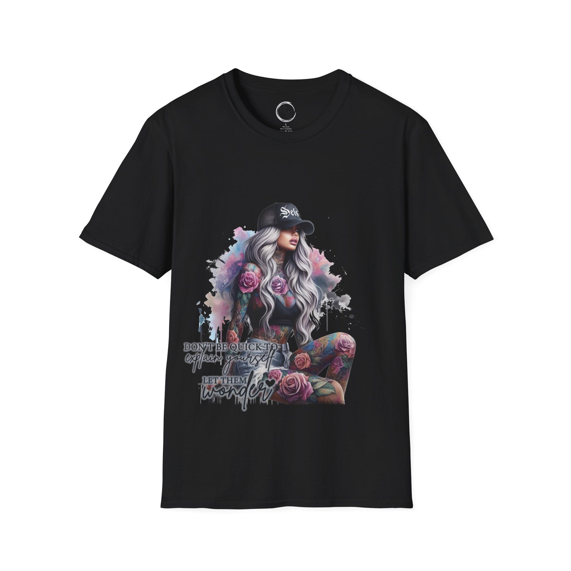 Black t-shirt with a graphic design of a woman with flowers and text on a white background