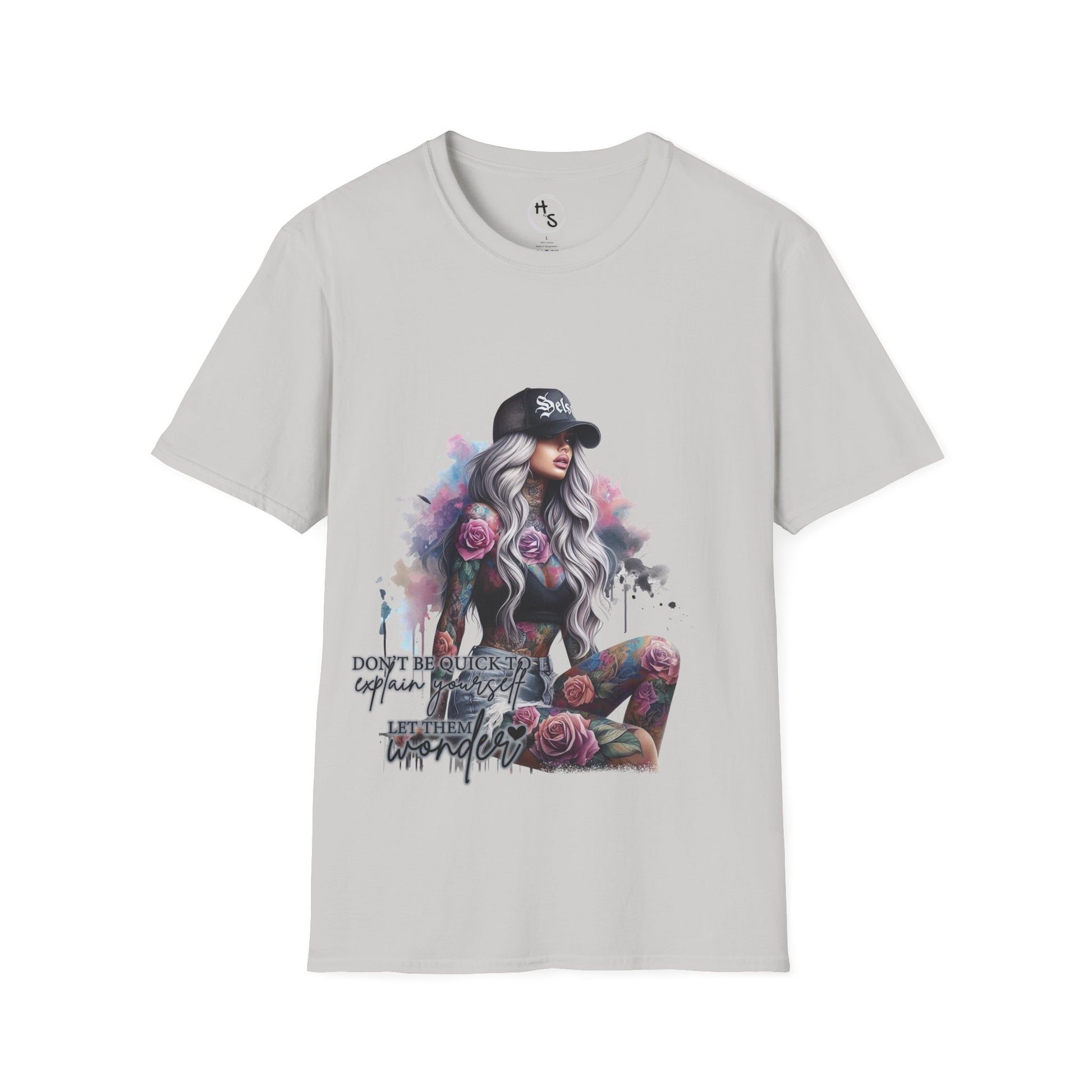 Gray t-shirt with a graphic of a woman with tattoos and flowers on a white background