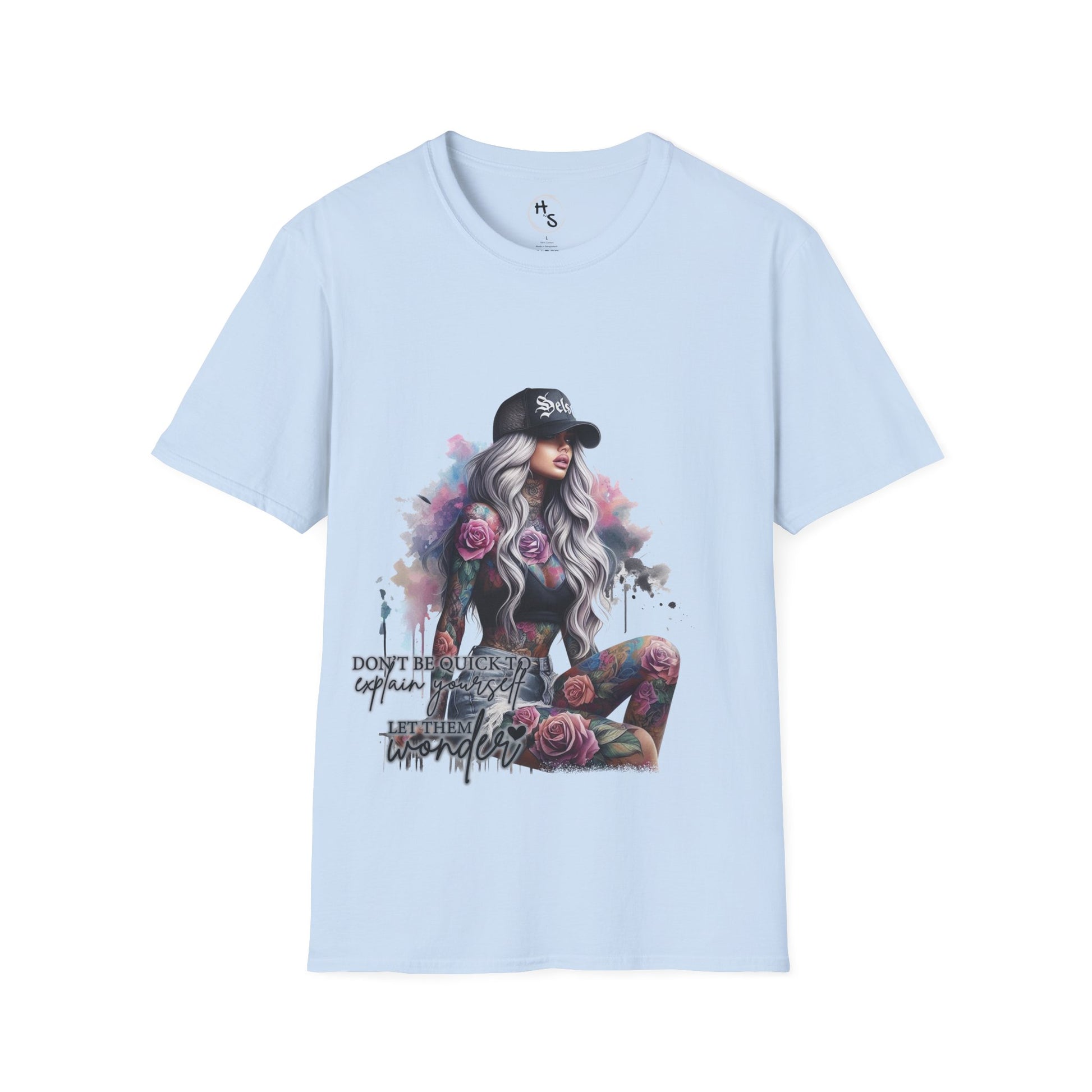 Light blue t-shirt with a graphic of a woman with tattoos and flowers, on a white background.