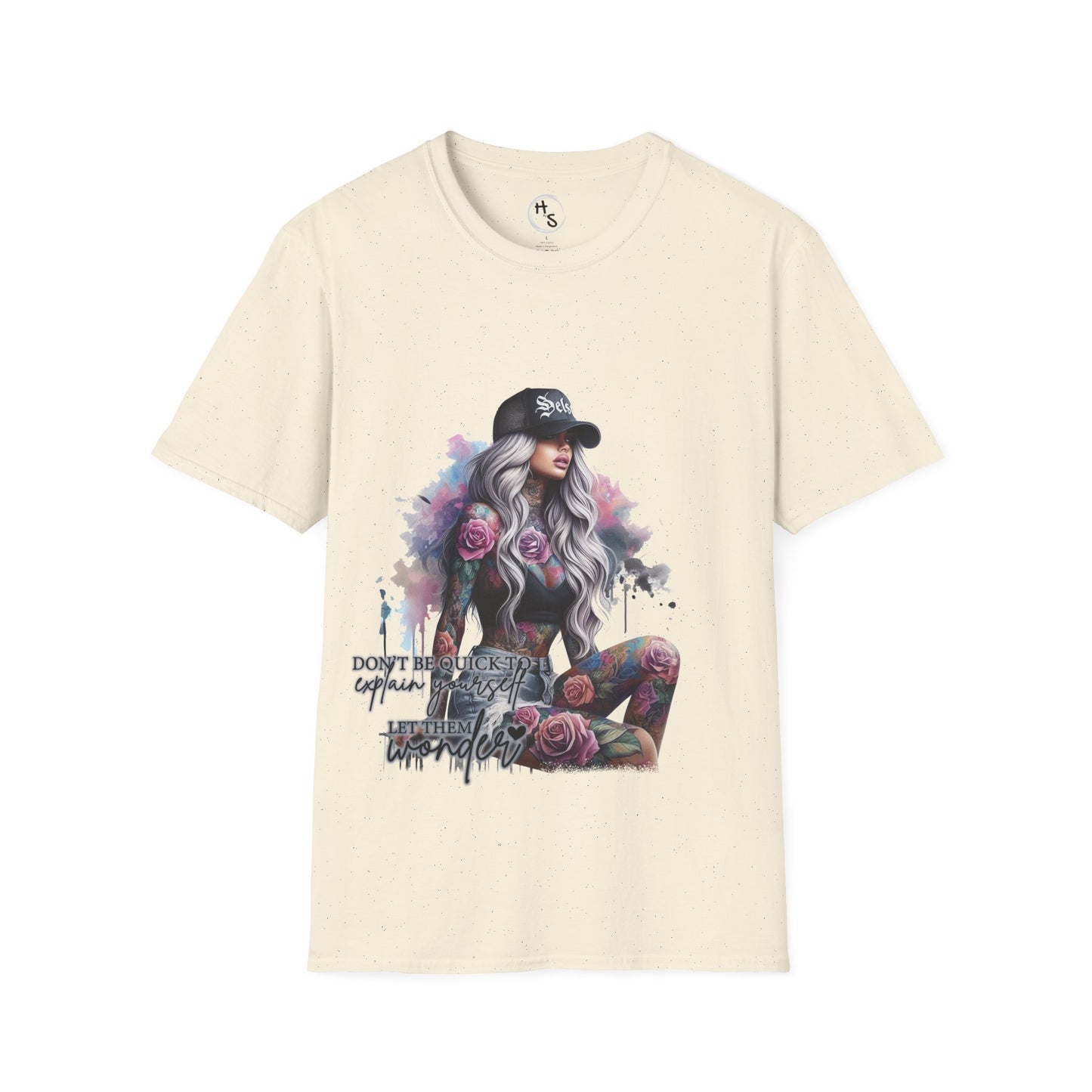 Beige t-shirt with a graphic of a woman with flowers and text on a white background