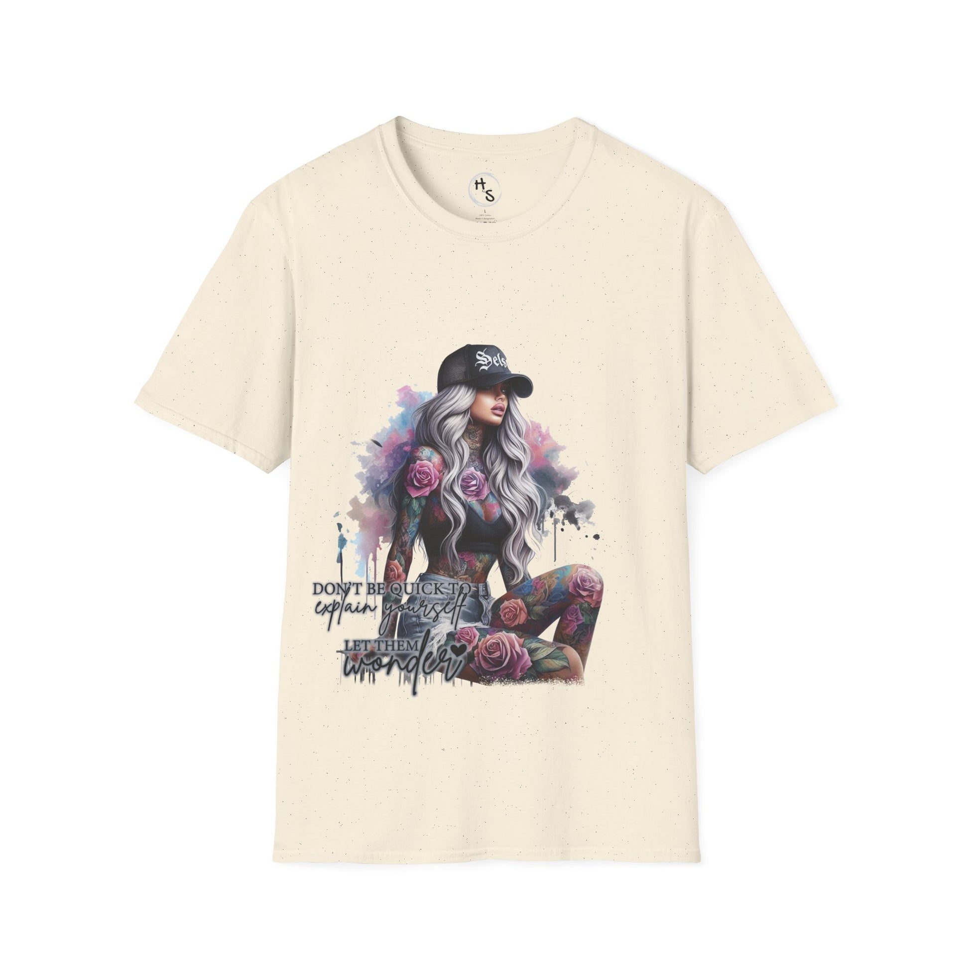 Beige t-shirt with a graphic of a woman with flowers and text on a white background