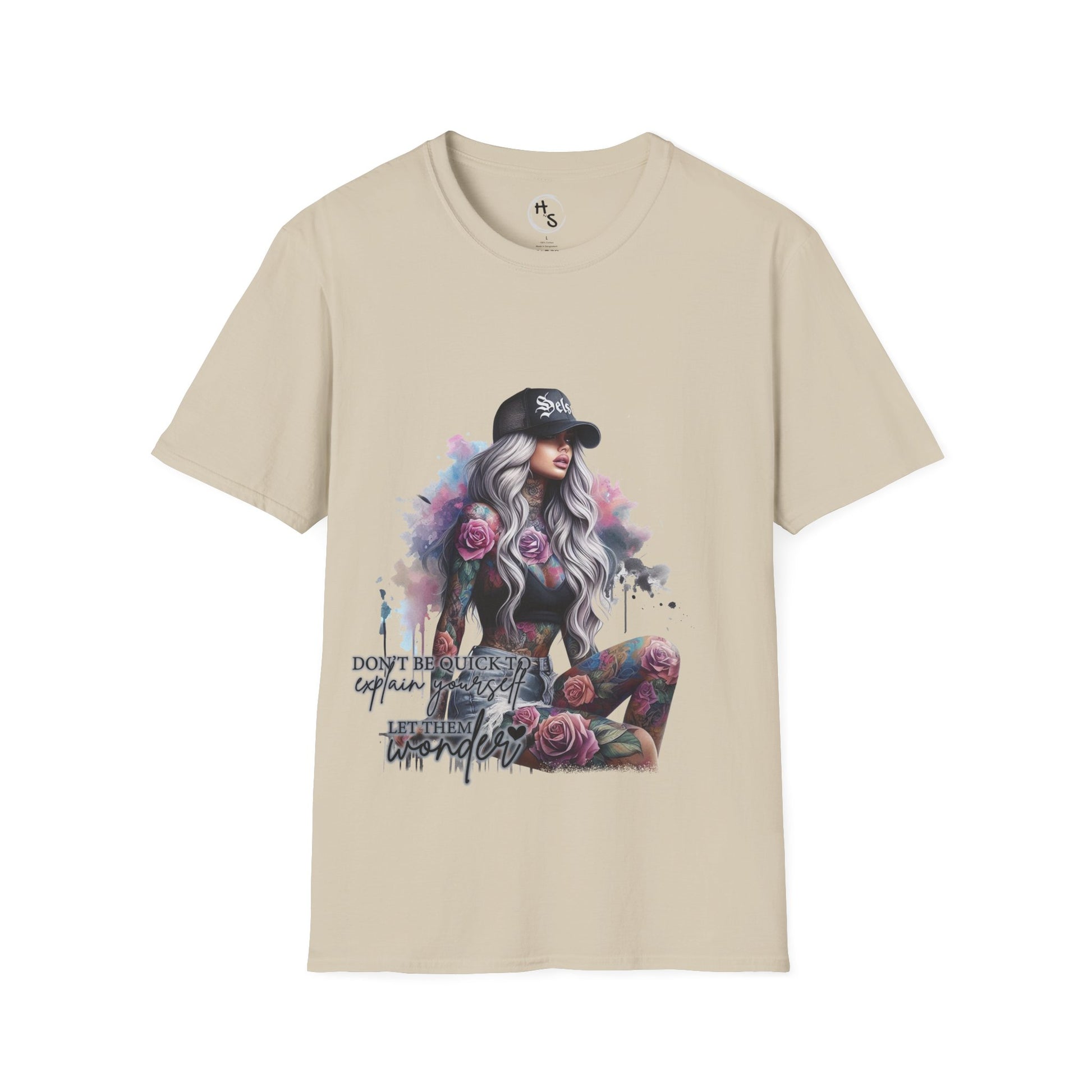 Beige t-shirt with a graphic of a woman with tattoos and flowers on a white background