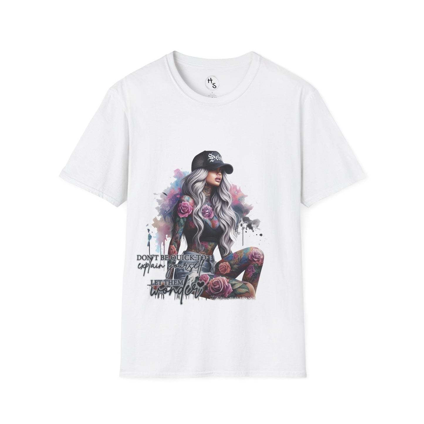 White t-shirt with a graphic design of a woman with tattoos and flowers, on a white background.