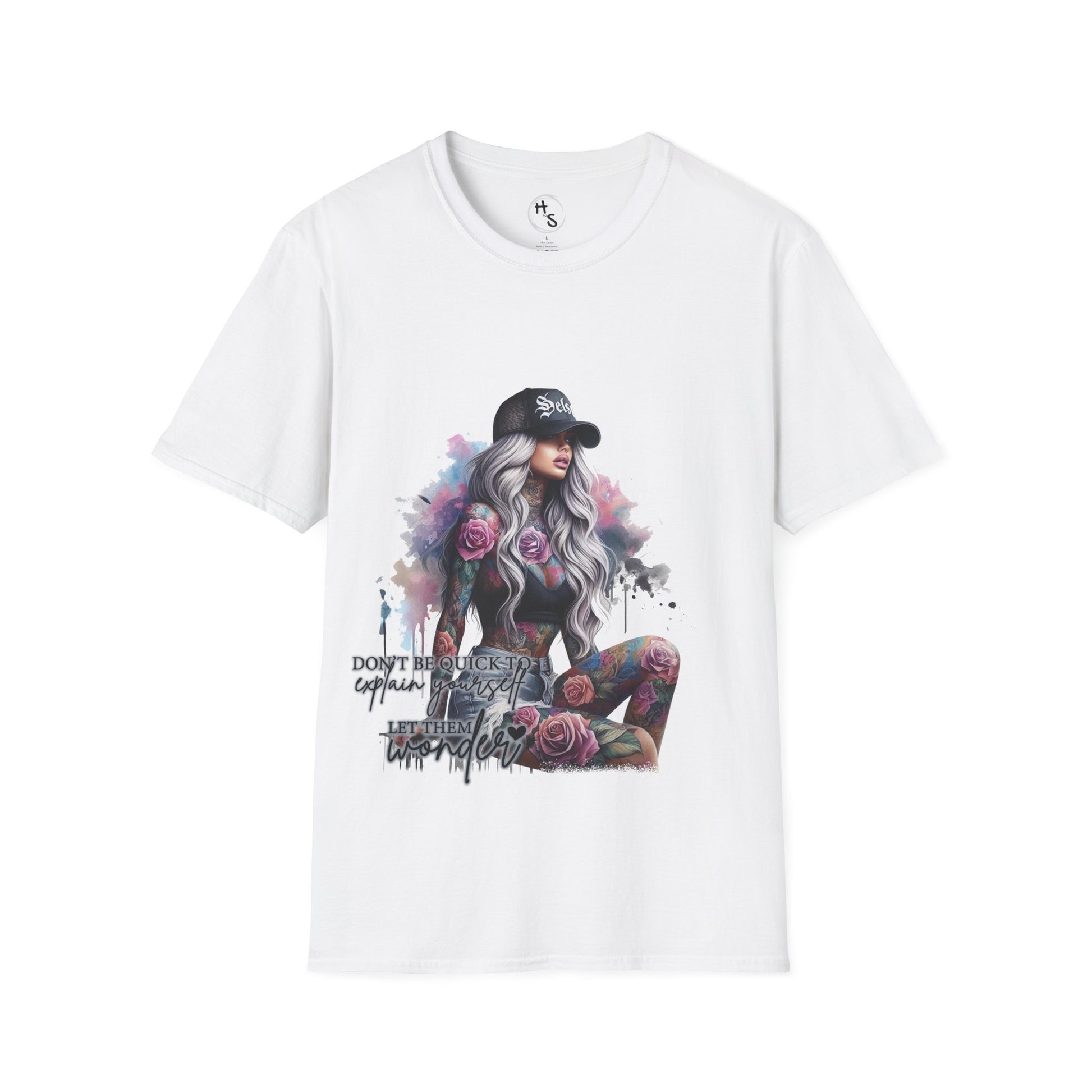 White t-shirt with a graphic design of a woman with tattoos and flowers, on a white background.