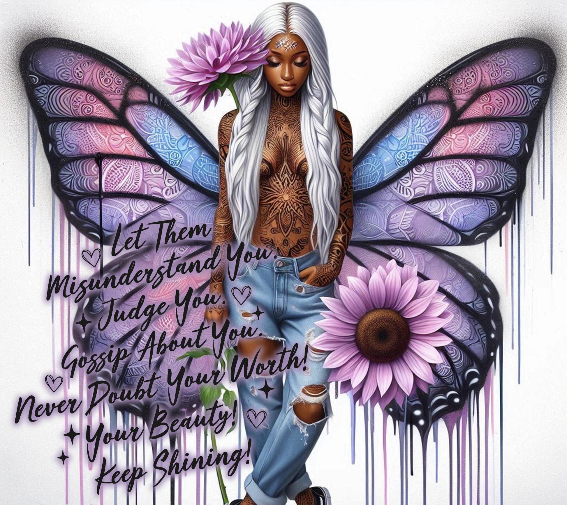 Illustration of a woman with butterfly wings and flowers, surrounded by motivational text.