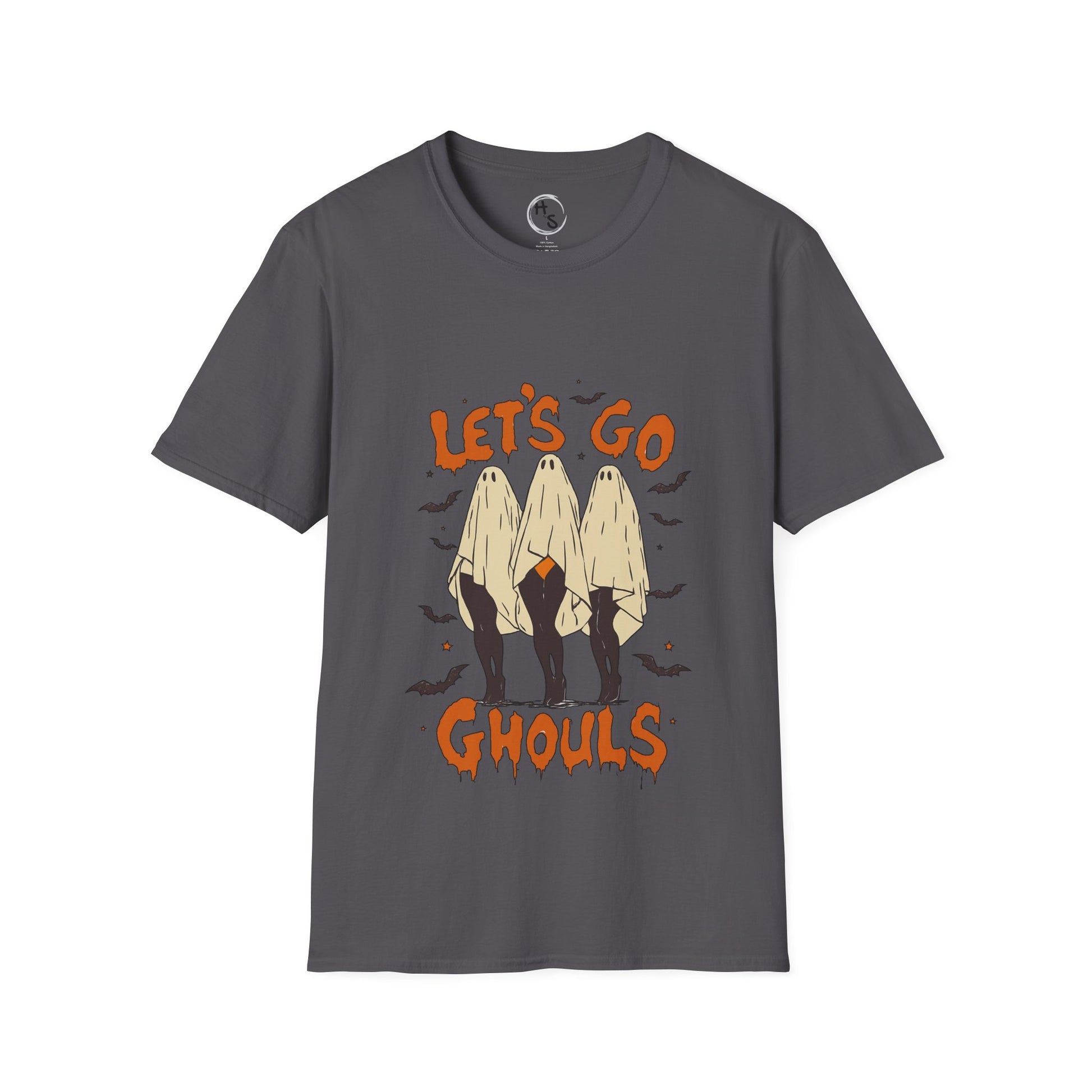 Gray t-shirt with Halloween graphic of ghosts and text 'Let's Go Ghouls' on a white background