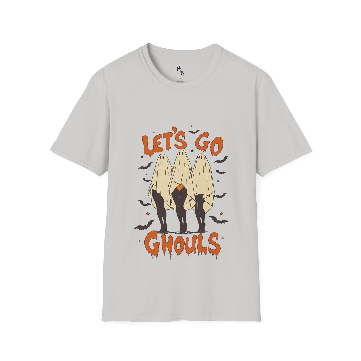 Gray t-shirt with 'Let's Go Ghouls' graphic design on a white background
