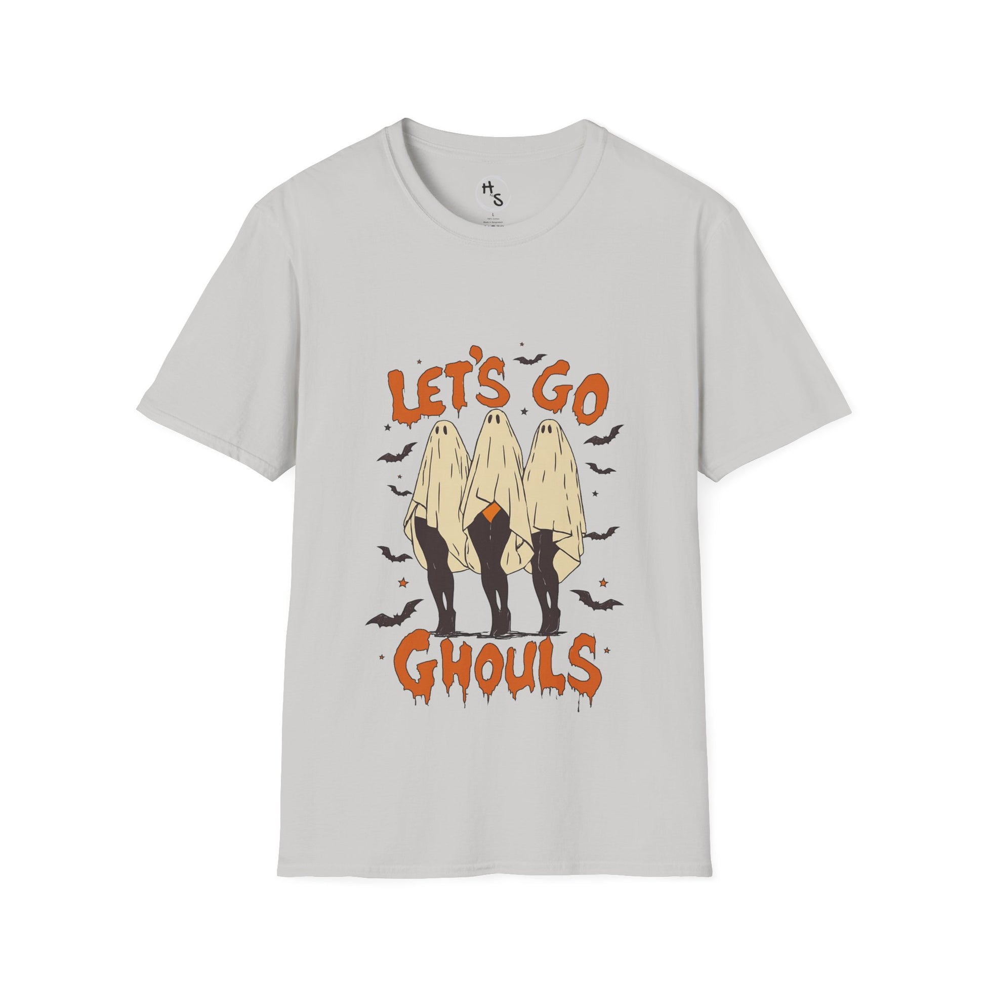 Gray t-shirt with 'Let's Go Ghouls' graphic design on a white background