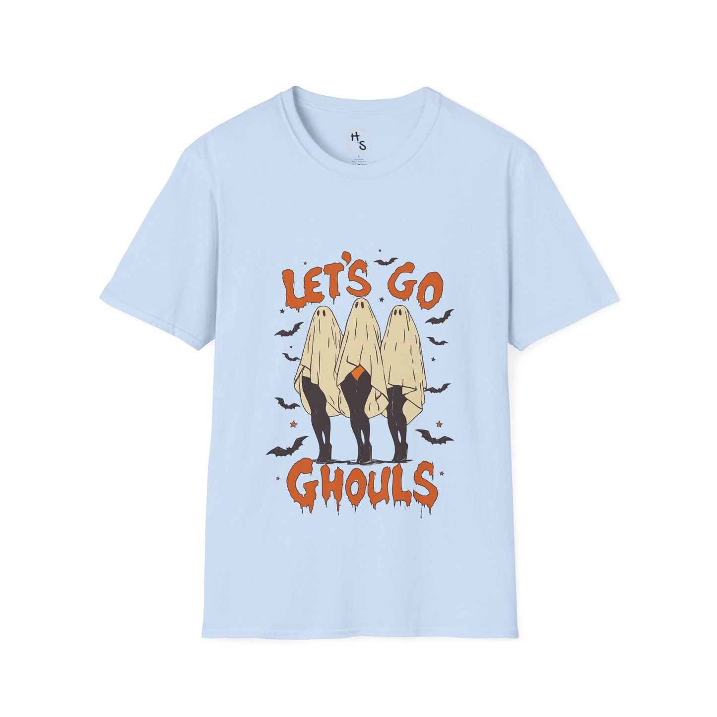 Light blue t-shirt with 'Let's Go Ghouls' graphic design on a white background