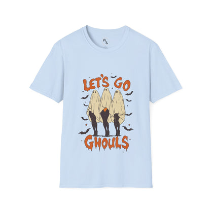 Light blue t-shirt with 'Let's Go Ghouls' graphic design on a white background