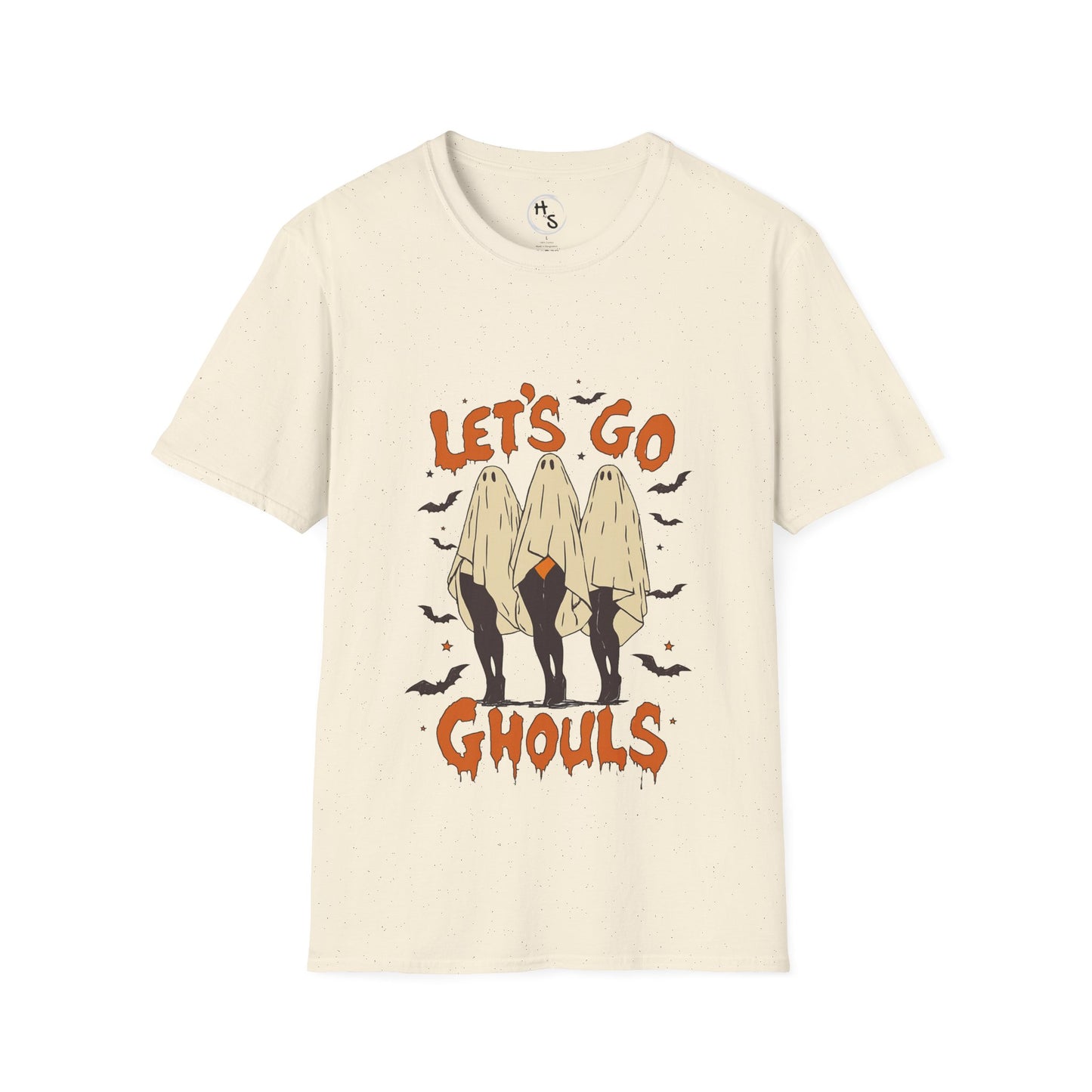 Beige t-shirt with 'Let's Go Ghouls' graphic design on a white background