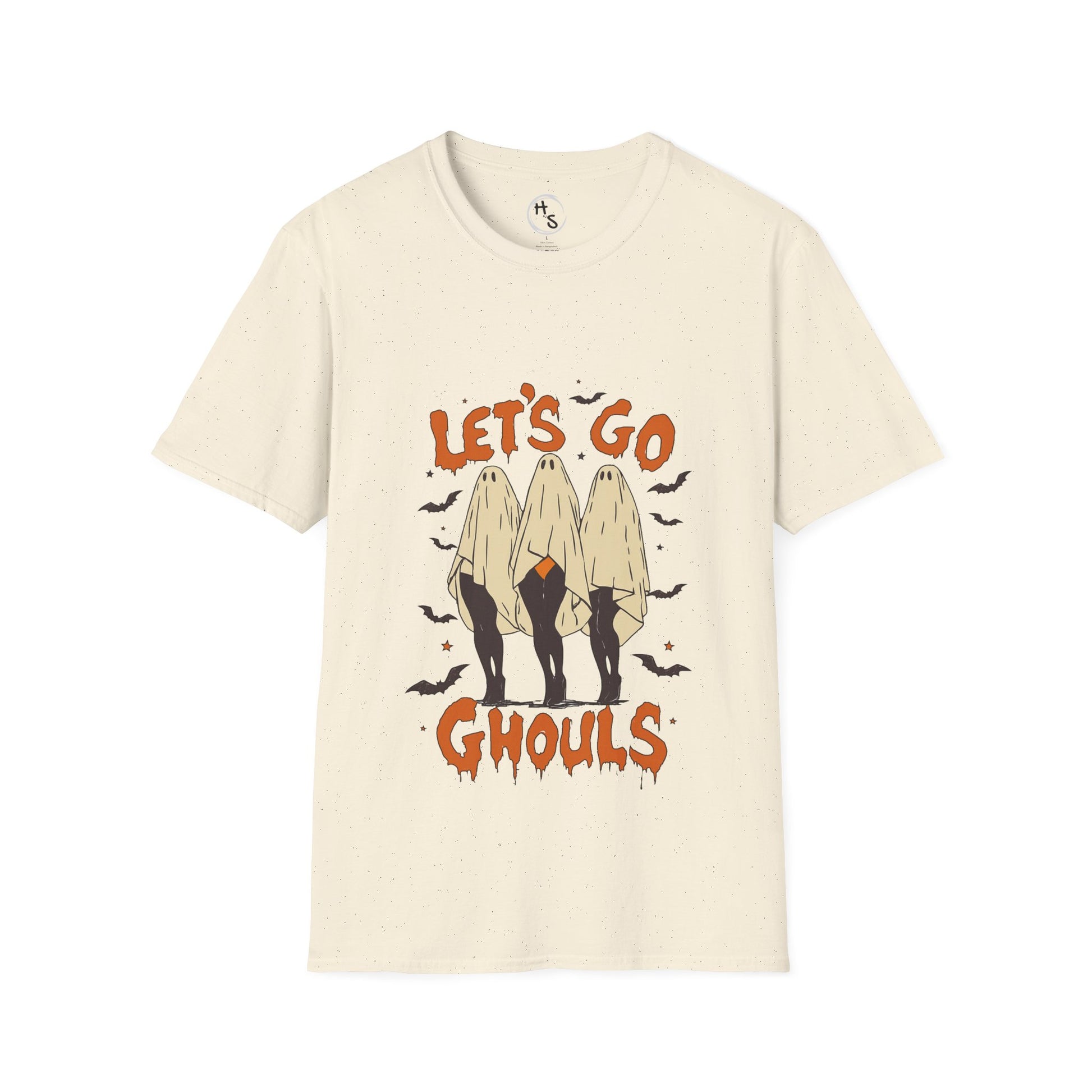 Beige t-shirt with 'Let's Go Ghouls' graphic design on a white background