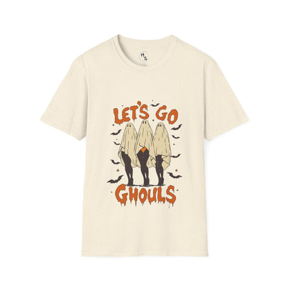 Beige t-shirt with 'Let's Go Ghouls' graphic design on a white background
