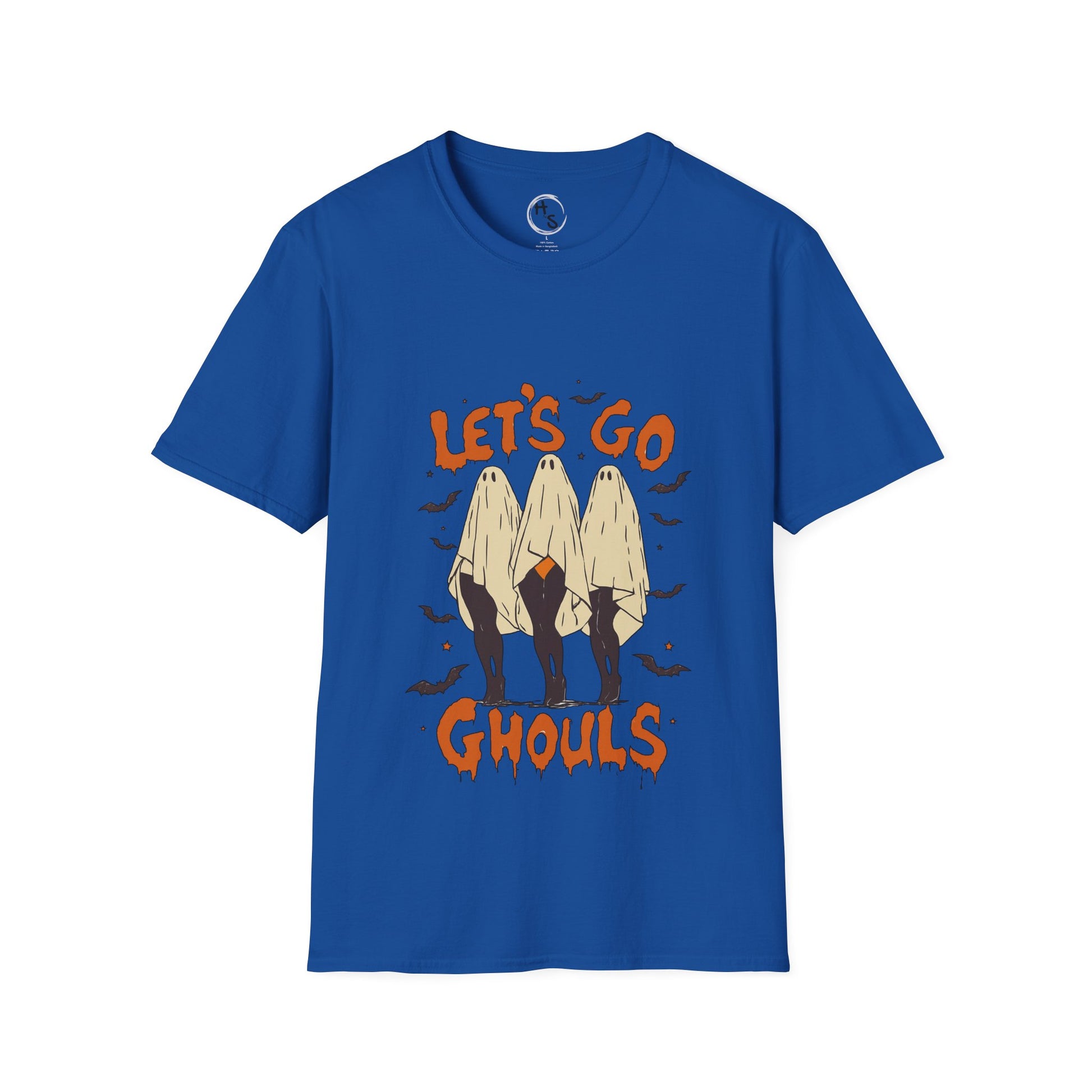 Blue t-shirt with 'Let's Go Ghouls' graphic on a white background